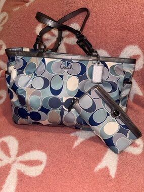 Coach Blue Multi Signature Tote / Purse with Matching Wallet
